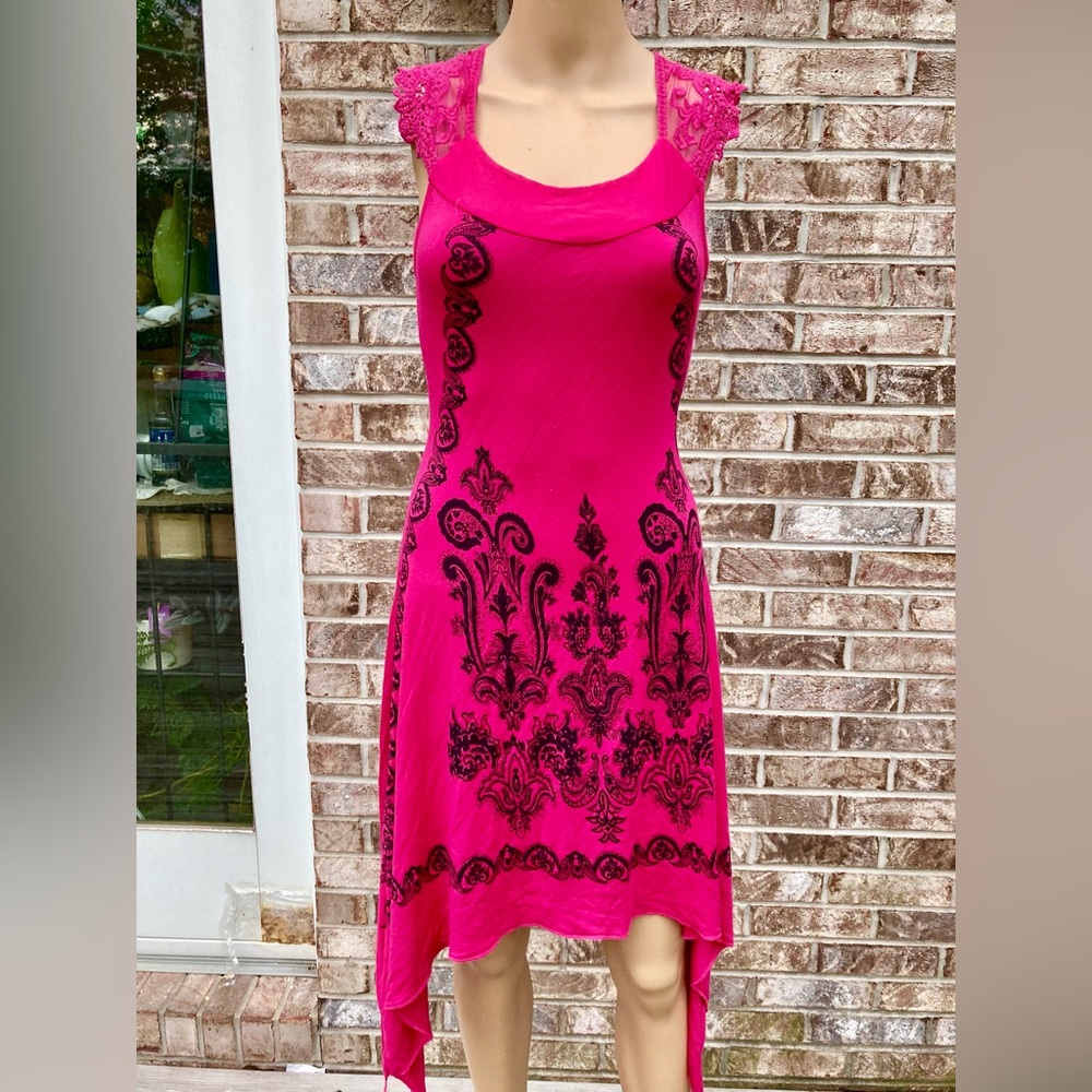 Hot Pink & Black Y2K Asymmetrical Fishtail Midi Dress